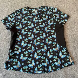 Revel Premium Stretch Butterfly‎ Floral Scrub Top Black Blue XL V-Neck